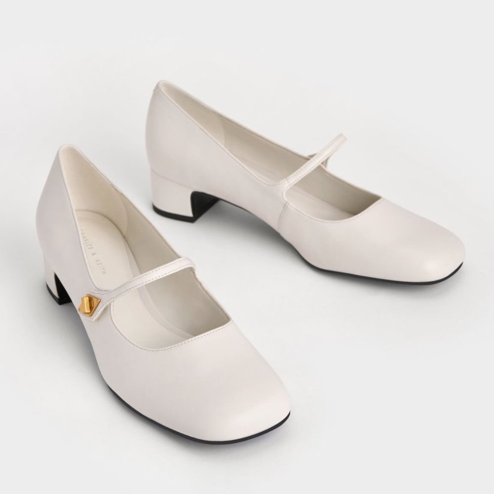 Charles & Keith Metallic Accent Mary Jane Pumps - Chalk -  US 8
